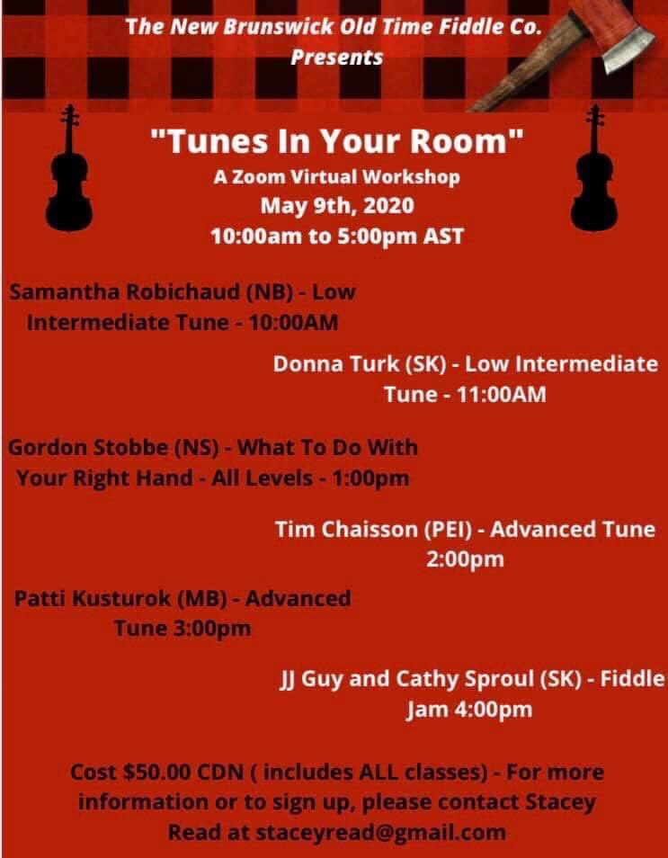 Online #Fiddle workshops being organized by Stacey Read from Sackville, NB. Happening May 9. Featuring Samantha Robichaud, Donna Turk, Gordon Stobbe, Tim Chaisson, Patti Kusturok, JJ Guy and Cathy Sproule. @timchaisson @PattiKusturok @cathysproule @RolloBayFiddle @lumberjillsnb