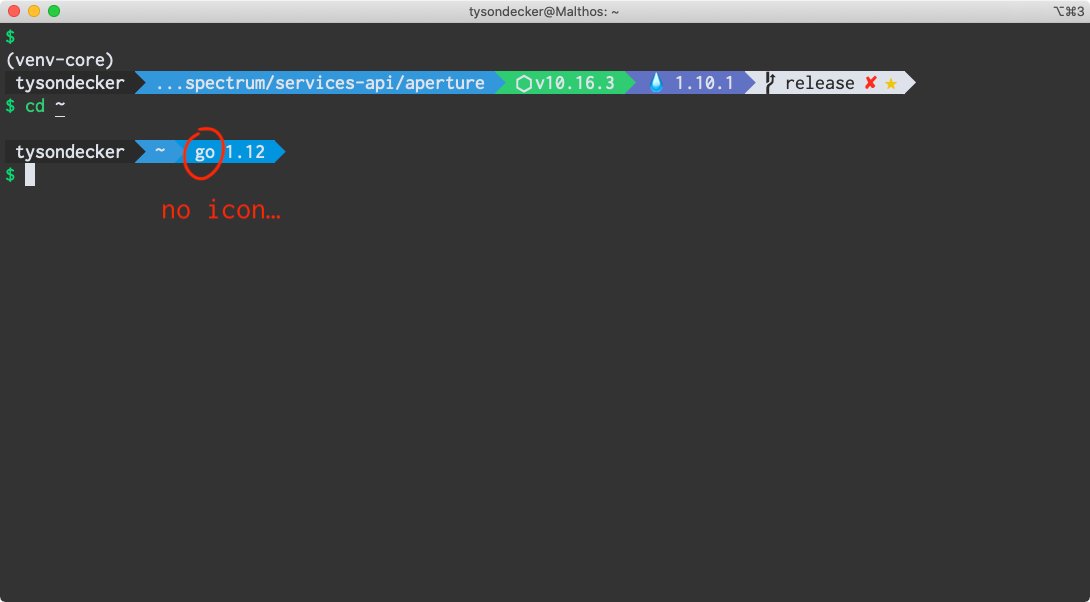 tysondecker91's tweet photo. I think we can all agree that bullet train's theme for zshell could use some help on the "golang" bullet. Especially when compared to node's or elixir's bullet. #golang #iterm #zshell #bullettrain https://t.co/In5qLD5Ups