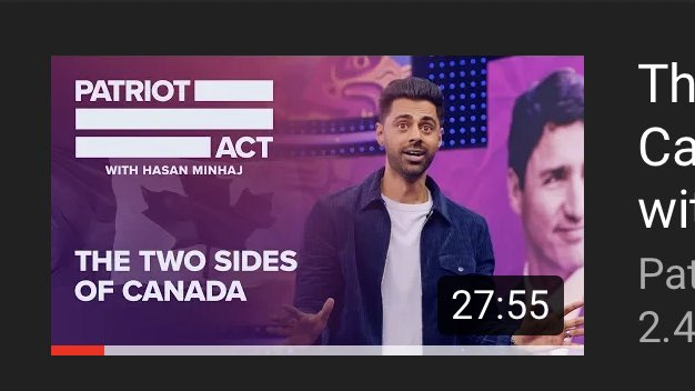 for current events, i thought an outsider pov might help. this is hasan minhaj’s ep on canada, w/ an exclusive interview w/ trudeau that shows his stance. minhaj joins comedic relief with accurate research for this special 