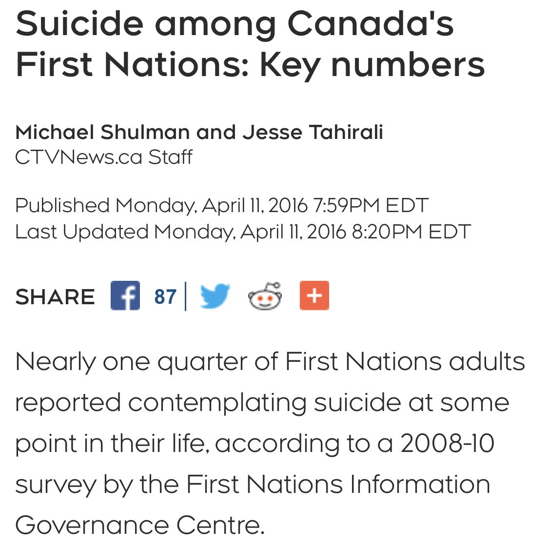 mistreatment of indigenous peoples have stemmed throughout generations and is very present in the current day. this article deals w/ the mental health issues that indigenous ppl deal w/  https://www.ctvnews.ca/mobile/health/suicide-among-canada-s-first-nations-key-numbers-1.2854899