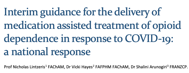 SArunogiri's tweet photo. National #MATOD #OAT #opioid treatment during #COVID19
Great to be a part of this interim guidance document- hard work led by Prof Nick Lintzeris, Dr Vicky Hayes @RACP

For clinicians by clinicians, this promotes flexibility, patient-centred care, access.
https://t.co/2j0LpS9t6T https://t.co/Ns0tt13Pqw