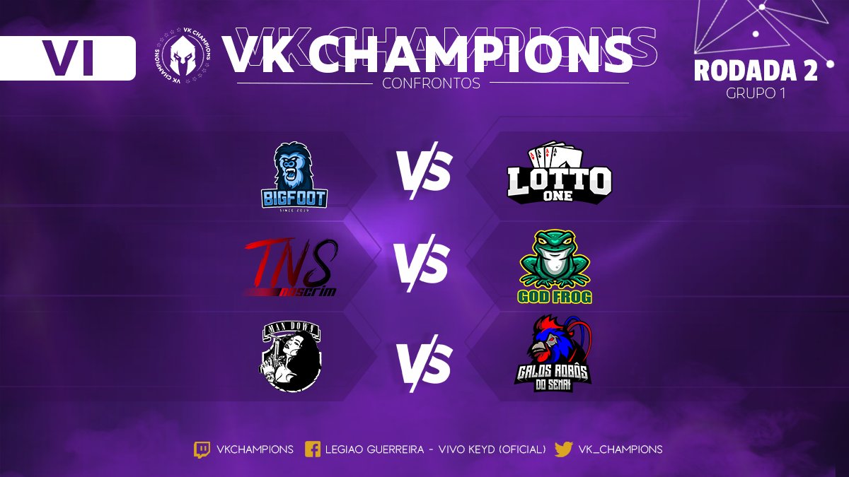 Confira os confrontos dessa segunda rodada pelo grupo 1 do VKC VI!

- @BFTEsports  x Lotto One
- Taka No Scrim x GodFrog 
- ManDown x Galos Robôs do Senai