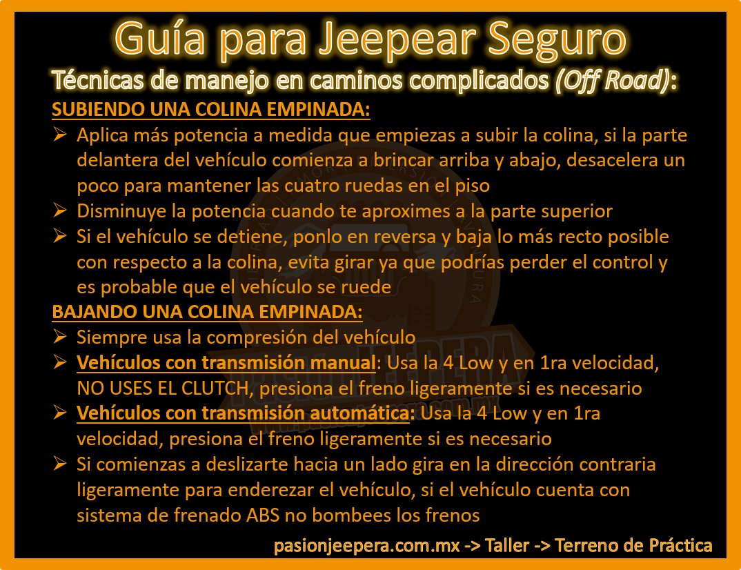 PasionJeepera's tweet photo. Aquí más #Tips4x4 y #QuedateEnCasa

#GuiaparaJeepearSeguro Subiendo y bajando colinas

Lee más
https://t.co/CO5dZbbcb3

#PasionJeepera #Jeep #4x4 #4x4Mexico #OffRoad #Jeeperos #Jeepear #TodoTerreno #Rutas4x4 #Eventos4x4 #Jeepeandoando #ActitudJeepera #SoyJeepero #Taller4x4 https://t.co/eD1CQPBk2Q