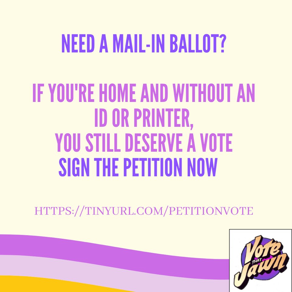VoteThatJawn's tweet photo. If you're home and without a PennDOT ID and printer, you still deserve a vote!

Sign the petition to allow eligible #PAvoters to apply for a mail-in ballot with a Social Security number and e-signature.

https://t.co/erVP7lmoZ1 

#phillyvotes  #votethatjawn #powerupPhilly https://t.co/gDBJuIljQo
