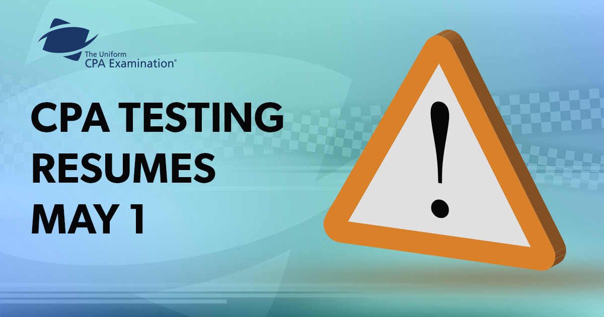 NASBA's tweet photo. Prometric will resume testing for CPA candidates beginning May 1 at centers where government regulations and guidelines allow.  Click here for more information: https://t.co/JXb3MpukGb https://t.co/nL4UHkttpX