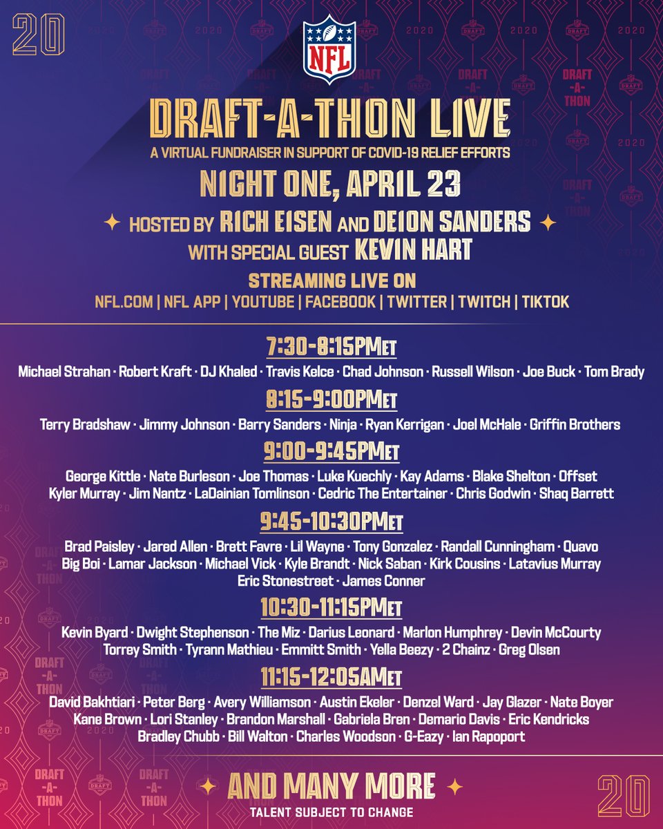 NFL's tweet photo. COMING UP on #DraftAThon LIVE tonight across NFL social platforms! 👀

Night one of our virtual fundraiser to raise awareness and donations for COVID-19 relief.

Learn more: https://t.co/t5JVKzjd4J https://t.co/mxZdcUHYKF