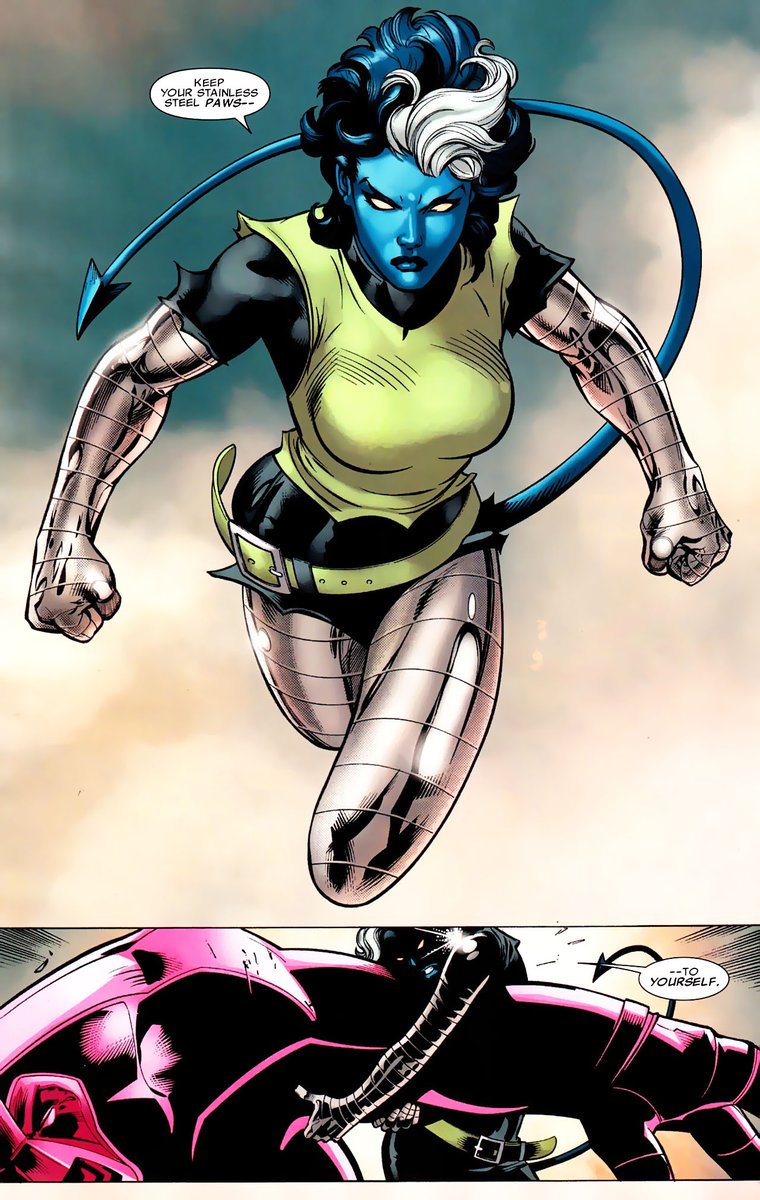 2) rogue absorbs nightcrawler’s teleportation and colossus metallic form to fight nimrod. she tries to override nimrod’s regenerating abilities by ripping its extremities and teleporting them away.⟶ uncanny x-men (1963) #194, x-men: legacy (2008) #221.