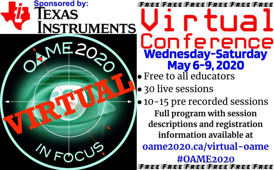 There may not be a f2f <a href="/OAMEcounts/">OAME/AOEM</a> conf this year but we have a paired down Virtual #OAME2020 that is FREE to all teachers 
30 Live Sessions
over 15 prerecorded sessions
See the whole program at 
oame2020.ca/virtual-oame

sponsored by <a href="/TICalculators/">Texas Instruments Education</a> #mathchat #MTBoS #ITeachMath