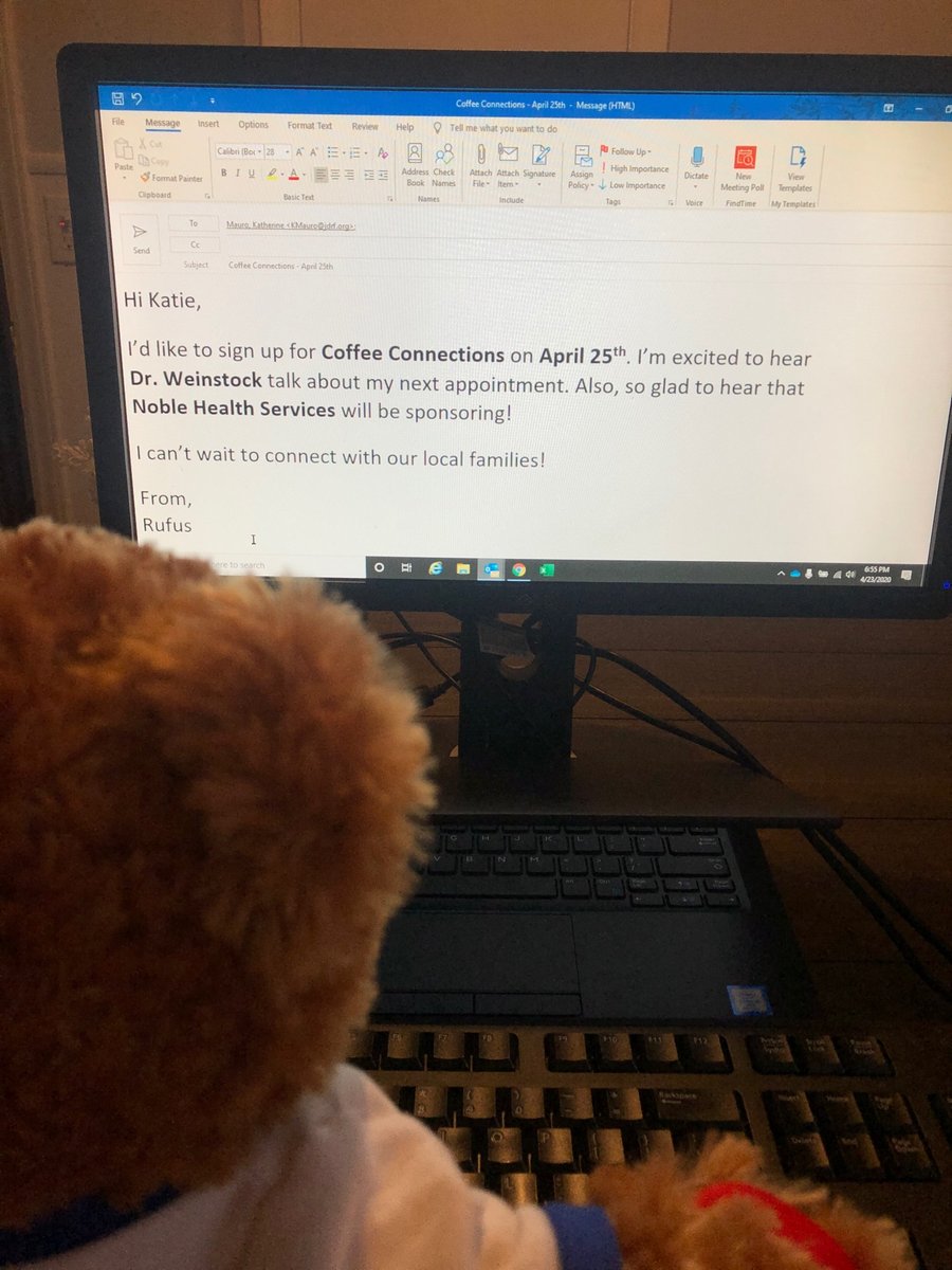 Rufus signed up for Coffee Connections on 4/25 @ 2pm. He's can't wait to learn how Joslin is supporting their patients in CNY. Thank you Noble Health Services for sponsoring! Interested in joining the meeting? Email kmauro@jdrf.org. #WhatIsRufusDoingToday #RufusSeries #JDRF