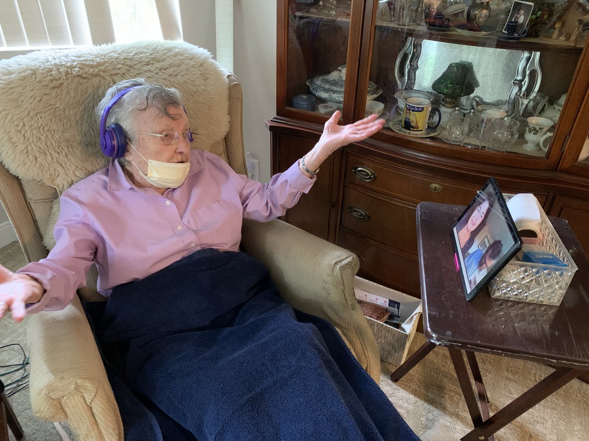 RegencySenior's tweet photo. She's 100 years old and just defeated COVID-19.  Now she spends her days wearing purple headphones while Zoom chatting with her family.  We love you, Erlene!  
#seniorliving #covidsurvivor #quarantinelife 
@Oregonian @KATUNews @wweek https://t.co/G4SJpNaRKb