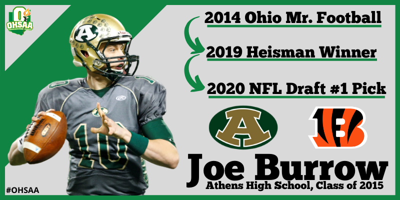 OHSAASports's tweet photo. Congratulations to @Joe_Burrow10, the pride of Athens (@AHSBULLDOGSAD) Ohio, on being selected #1 in the NFL Draft by the @Bengals https://t.co/4FbkEWWxLh