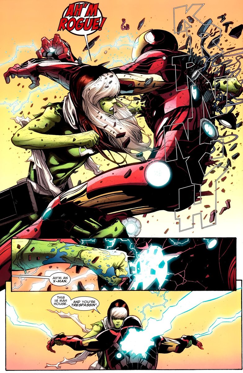 3) rogue defeats she-hulk, moon-knight and falcon by absorbing all of their powers and abilities. she eventually uses she-hulk’s strength to destroy iron-man’s armor.⟶ x-men: legacy (2008) #266, #267.