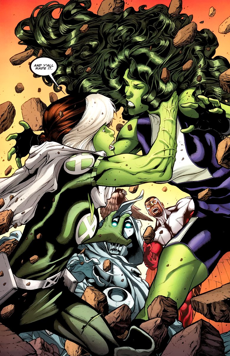 3) rogue defeats she-hulk, moon-knight and falcon by absorbing all of their powers and abilities. she eventually uses she-hulk’s strength to destroy iron-man’s armor.⟶ x-men: legacy (2008) #266, #267.