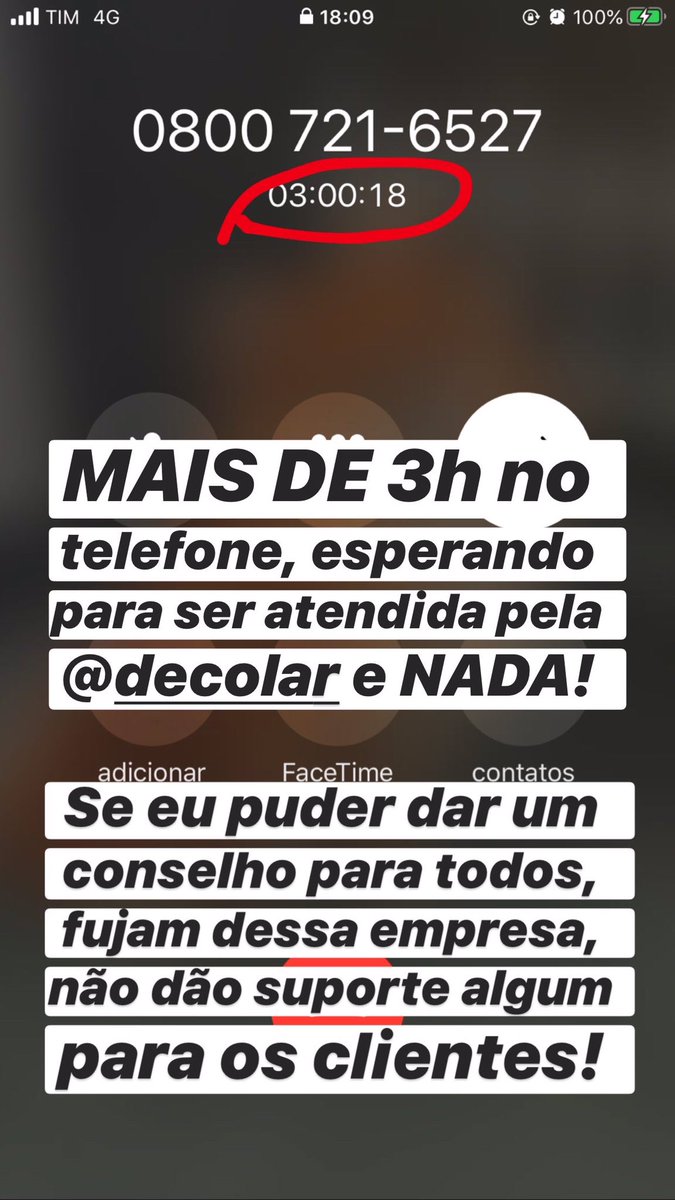 Mais de 3 horas no telefone, tentando ser atendida pela <a href="/Decolar/">Decolar</a> !
Para quem não sabe, tínhamos uma viagem comprada para o dia 27/04 e NÃO CONSEGUIMOS DE JEITO ALGUM, falar com a <a href="/Decolar/">Decolar</a> . Estou há mais de UM MÊS tentando remarcar as passagens e eles não atendem o telefone +