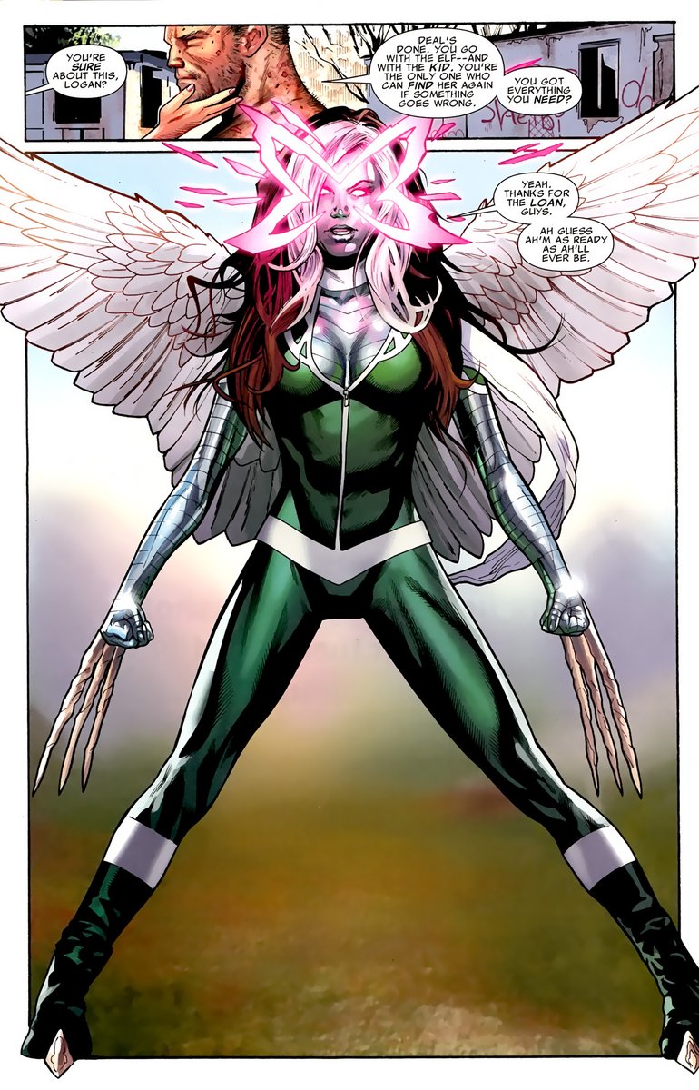 4) rogue absorbs both wolverine and x-23’s claws and healing factors, psylocke’s psychic abilities, colossus metallic form and angel’s wings to fight against bastion and safely take hope summer’s to utopia.⟶ x-men: legacy (2008) #235, x-force (2008) #26.