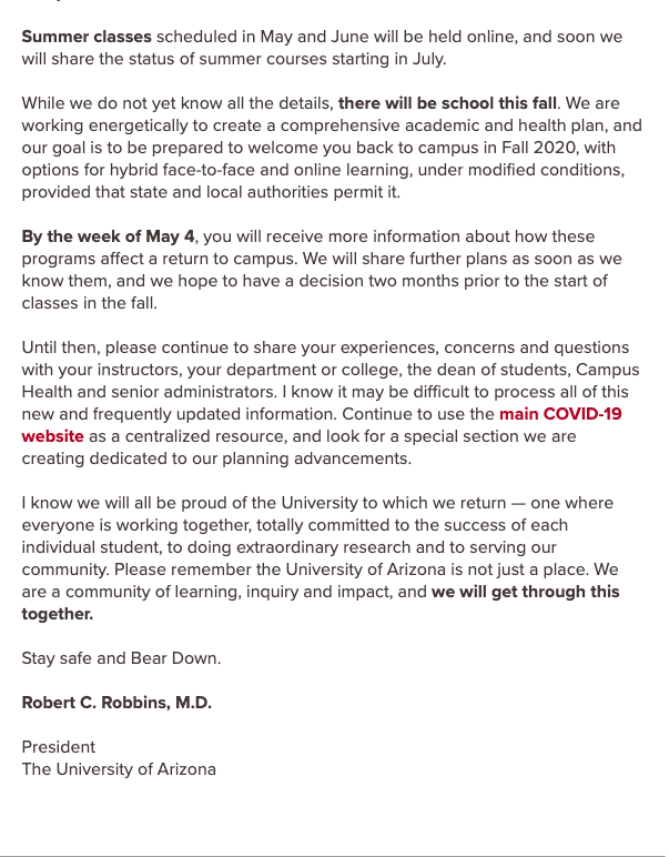 University of Arizona (@uarizona) on Twitter photo "While we do not yet know all the details, there will be school this fall."
Read the full announcement from <a href="/UArizonaPres/">UofA Executive Office of the President</a> here:
bddy.me/351n6NO "While we do not yet know all the details, there will be school this fall."
Read the full announcement from <a href="/UArizonaPres/">UofA Executive Office of the President</a> here:
bddy.me/351n6NO