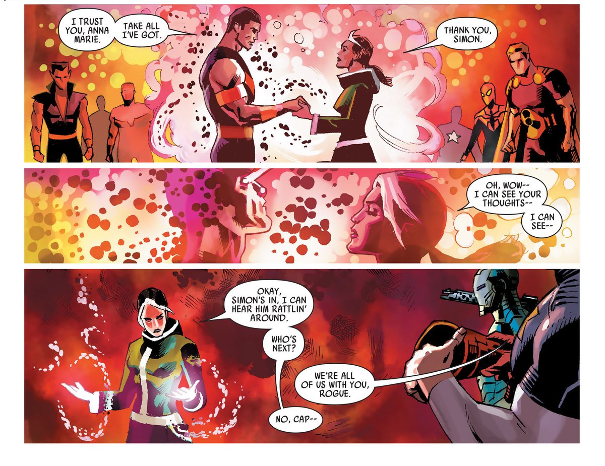 11) rogue permanently absorbs wonder-man’s powers and accidentally traps him in her mind. she loses control over her mutation due the trauma of having a foreign personality inside her mind again. he eventually was freed, but rogue kept his powers.⟶ uncanny avengers (2012)  #21.