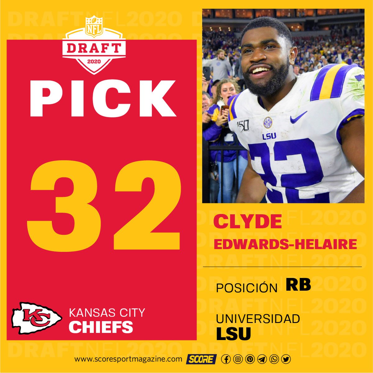 score_spport's tweet photo. Con el #Pick32 finaliza la primera ronda del @NFLDraft y es @Clydro_22 para los actuales campeones de #SuperBowl  @Chiefs 
#DraftDay #Draft2020 #DraftScore #NFLDraft2020 https://t.co/fnDWMpPr7t