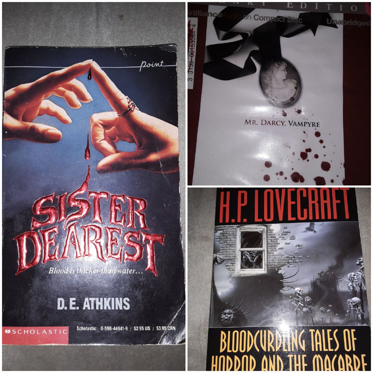 EDLewis97637841's tweet photo. Before #halfoweenathon2020 starts, here is my TBR. Sister Dearest is my book with black on the cover. Mr. Darcy Vampyre for something supernatural, and The Dunwich Horror is my pick for spooky word and for watching the adaptation with. #halfoweenathon2020 #gothreads #hplovecraft https://t.co/pS0zyveFOk