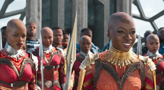 Ruth Carter’s stunning Black Panther costumes, a fantasy of a pan-African futurism. Costumes rep specific regions and peoples, as well as character-defining. Danai Gurira’s Maasai-inspired costume tells us she’s a warrior, unafraid to be at the center.  https://www.nytimes.com/2018/02/23/movies/black-panther-afrofuturism-costumes-ruth-carter.html