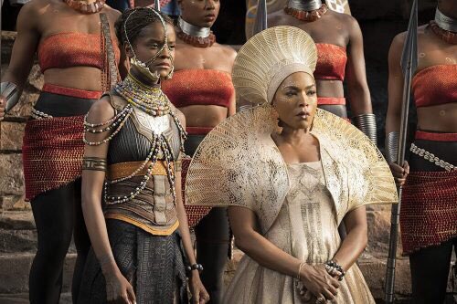 Ruth Carter’s stunning Black Panther costumes, a fantasy of a pan-African futurism. Costumes rep specific regions and peoples, as well as character-defining. Danai Gurira’s Maasai-inspired costume tells us she’s a warrior, unafraid to be at the center.  https://www.nytimes.com/2018/02/23/movies/black-panther-afrofuturism-costumes-ruth-carter.html