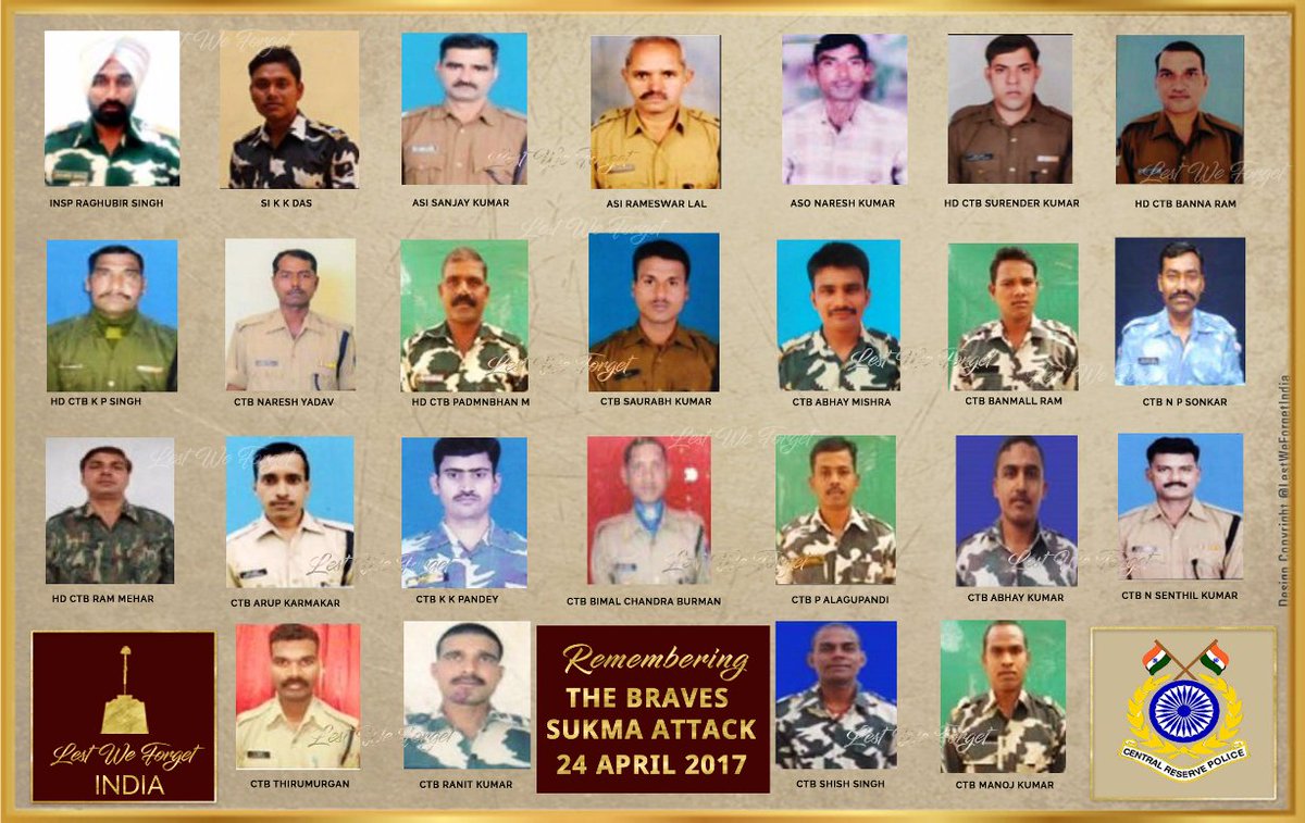 LestWeForgetIN's tweet photo. Do you remember the Sukma Attack of 2017 and the TWENTY FIVE #IndianBraves who laid down their lives?
#LestWeForgetIndiaЁЯЗоЁЯЗ│ The gallant TWENTY FIVE of 74 BN @crpfindia who made the supreme sacrifice fighting Maoists #OnThisDay 24 April in 2017, at Burkapal, Sukma, #Chhattisgarh https://t.co/e3SRgyRYRC