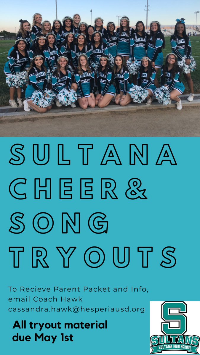 SultanaCheer's tweet photo. Don’t forget to email Coach Hawk if you are interested in trying out for cheer! All material is due by May 1st! https://t.co/0GhdmB67Di