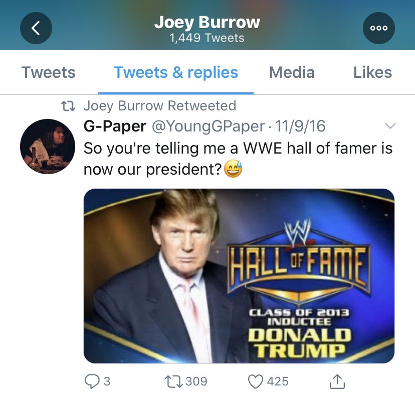 Joe Burrow liked this tweet acknowledging the absurdity of having Donald Trump as the President.