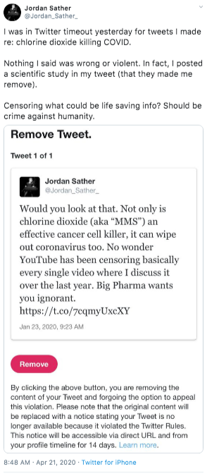 Gå ud Tung lastbil eksplicit Alex Kaplan on Twitter: "Jordan Sather, a major QAnon account who has  repeatedly promoted bleach as a cure for coronavirus (which it is not), has  been using Trump's remarks this evening to