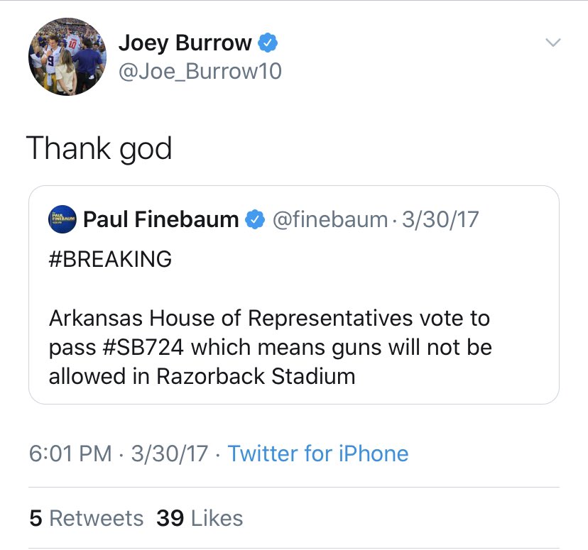 Joe Burrow liked Steve Kerr’s anti-NRA tweet and posted “thank god” when a bill passed barring guns inside Razorback Stadium.