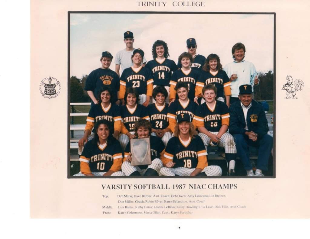 BantamSoftball's tweet photo. We thought we'd take it back 80s style on today's #throwbackthursday with some photos shared by an alum. Did you know the softball team's first season was 1984? Four years later they took home the NIAC 'ship going 11-1! @trinitycollege @bantamsports  #tbt #bringbackthepinstripes https://t.co/2fOXXKIGew