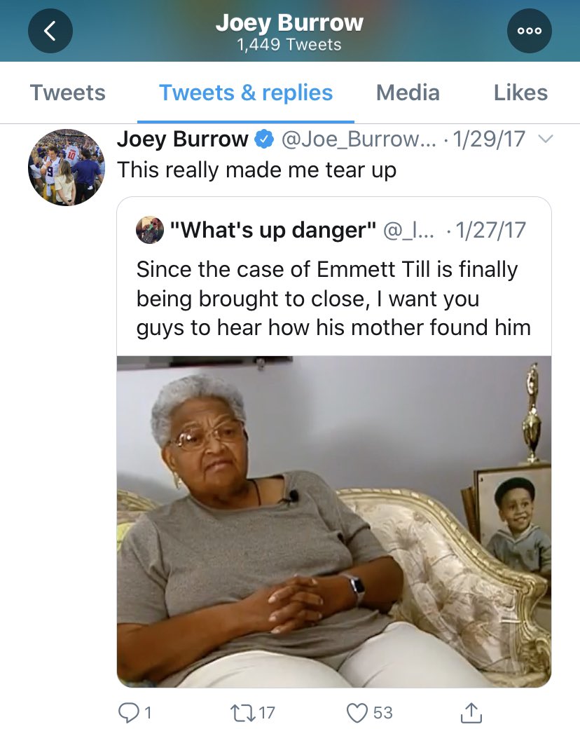 Joe Burrow RTed the testimony of Emmett Till’s mom saying “it made him tear up.”