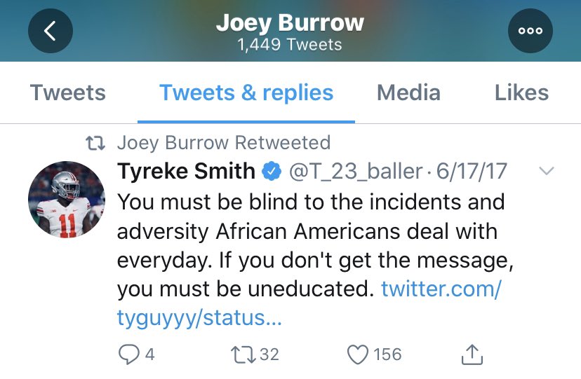 Joe Burrow RTed  @T_23_baller calling out someone for being “blind to the incidents and adversity African Americans deal with everyday. If you don’t get the message you must be uneducated.”