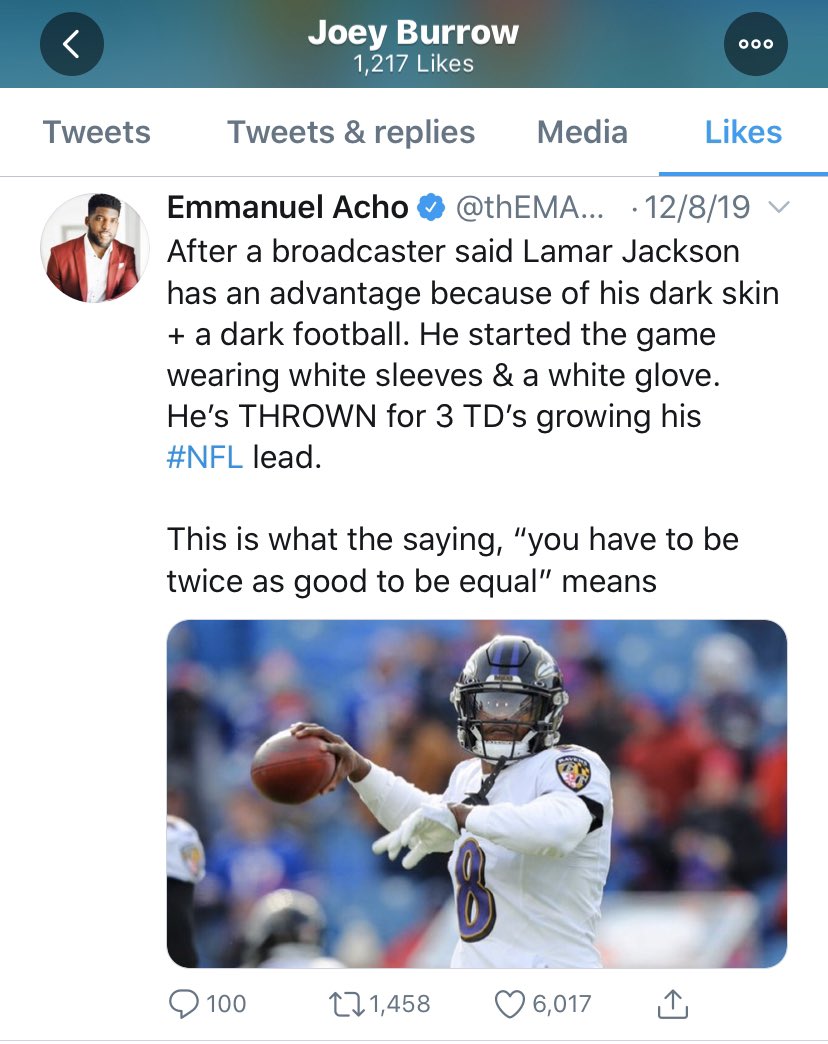 Joe Burrow liked  @thEMANacho’s tweet saying athletes like Lamar Jackson “have to be twice as good to be equal” after a broadcaster said Lamar’s dark skin was an advantage.