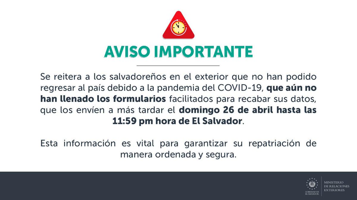 cancilleriasv's tweet photo. Los salvadoreños que aún no han llenado los formularios con sus datos, es URGENTE que lo hagan lo antes posible. Esta información es vital para el proceso de repatriación.

Link del formulario 1: https://t.co/beEMBCtz1u https://t.co/QolO3oAcIn