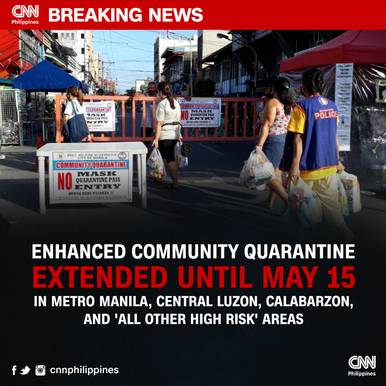 BREAKING: President Duterte is extending the enhanced community quarantine in Metro Manila, Central Luzon, Calabarzon, and 'all other high risk' areas until May 15 

FULL STORY: bit.ly/2S32EHj