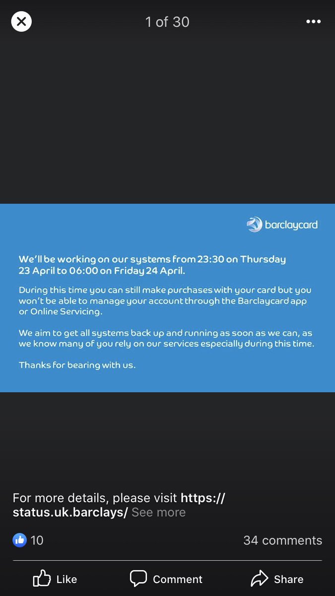 MorsonShaun's tweet photo. @married_mumma @Barclaycard Hi, I’ve had the same problem but it seems that it should be okay as they issued this on Facebook on Wednesday. Just had a look because I was worried too. https://t.co/V1b8K7CDTZ