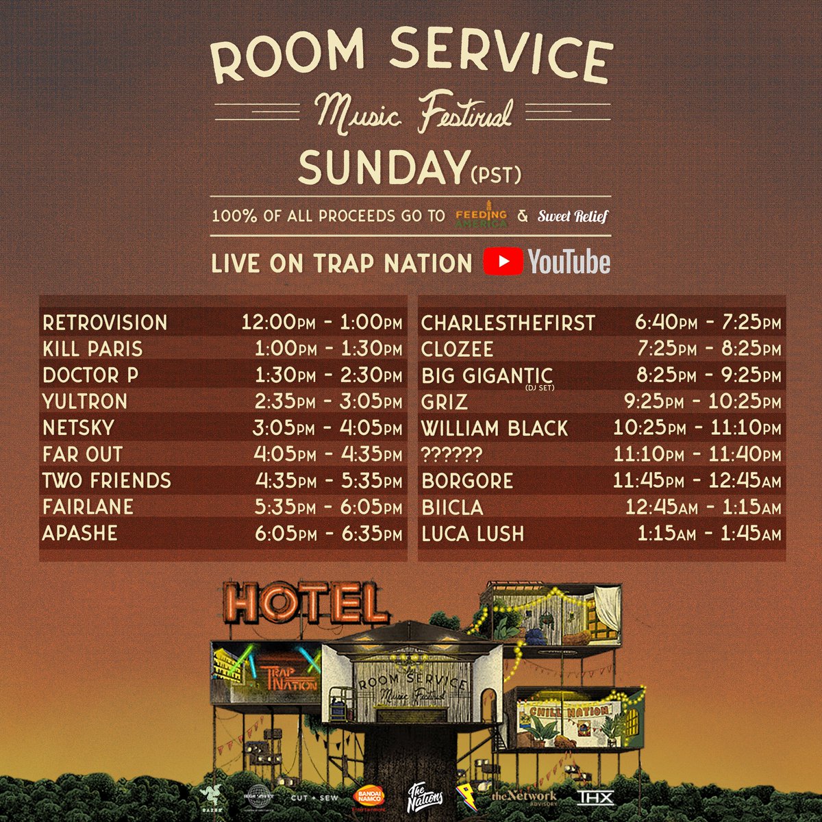 ProximityM's tweet photo. ROOM SERVICE SET TIMES. 

Full list: https://t.co/jgfqo1PVPu https://t.co/yGhKsKIr09