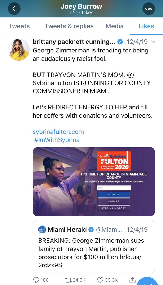 Joe Burrow liked a tweet saying George Zimmerman is “an audaciously racist fool” and encouraged people to donate to Trayvon Martin’s mom, Sabrina Fulton, who was running for County Commissioner.