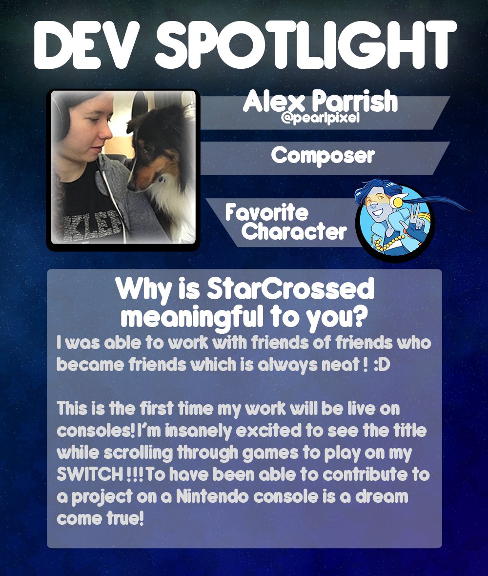 Last but not least,  @pearlpixel is in the spotlight!Alex composed the StarCrossed soundtrack, which includes 8 magical and spacey tunes! She's especially excited for StarCrossed to launch on Switch, April 29!Grab a copy of the soundtrack on Steam: https://store.steampowered.com/app/1231610/StarCrossed_Soundtrack/