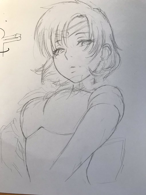 マーキュリー制作過程/左上に描いてあるのはあーちゃんの回転VR素材。大体用紙一枚に複数描くエコ方式なので笑。最初は腕のポーズ違ってました。 