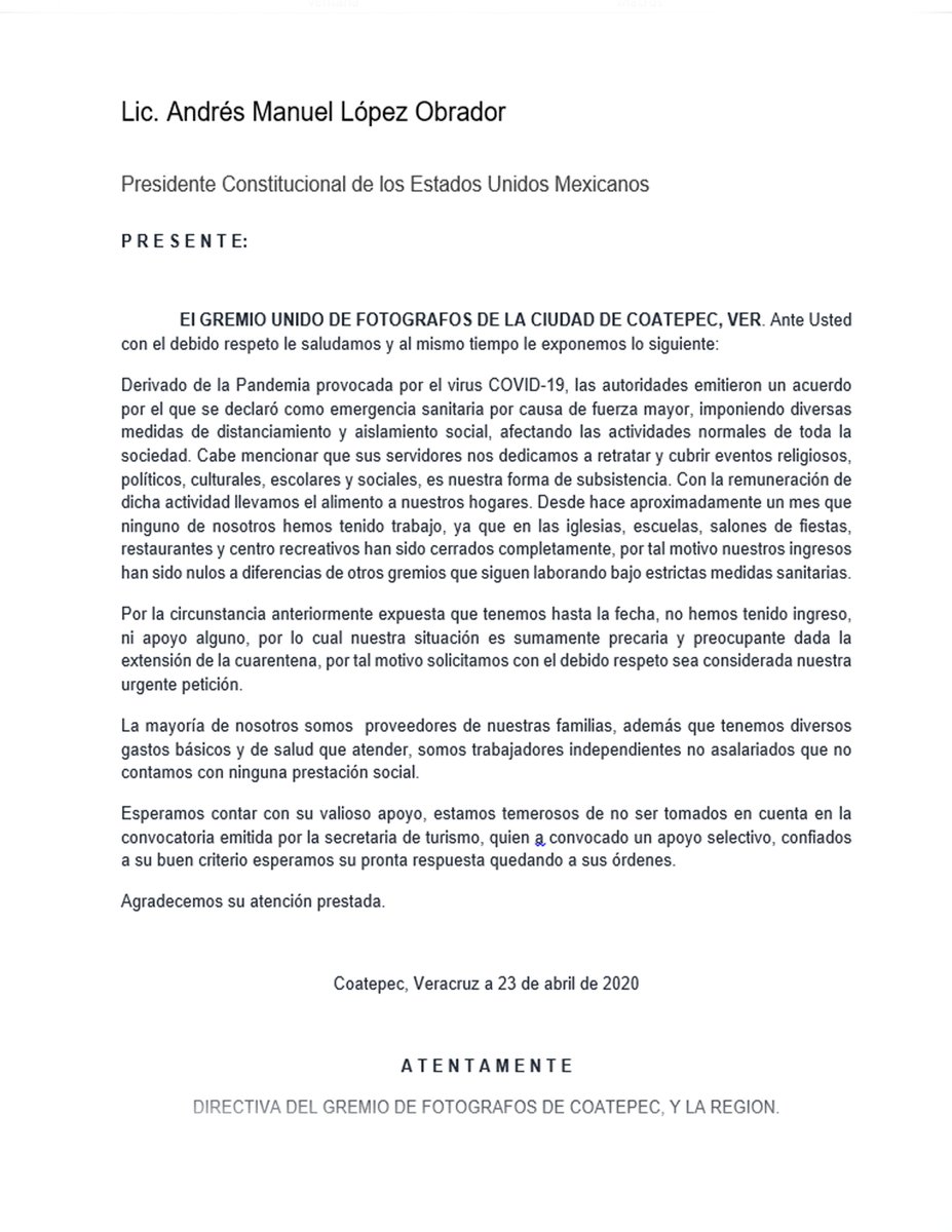 azarel25's tweet photo. @lopezobrador_ Estimado Presidente , me dirijo a usted en representación del GREMIO DE FOTÓGRAFOS DE LA CUIDAD DE COATEPEC @Coatepec_Magico  para que escuche nuestra petición. y no seamos ignorados como hasta ahora le agradezco de antemano su atención a nuestra petición. https://t.co/4KdKnjMMku