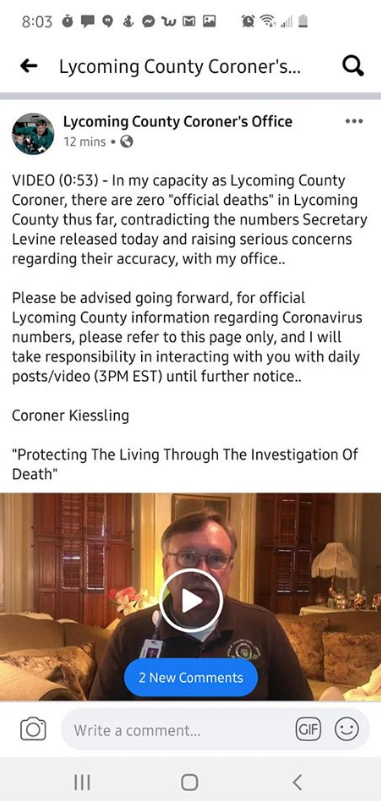 This all started on April 21st when the Lycoming County coroner accused the PA Health Dept of falsely reporting deaths in his county. He claims there are zero virus deaths in Lycoming County, but the PA Health Dept reported two deaths.