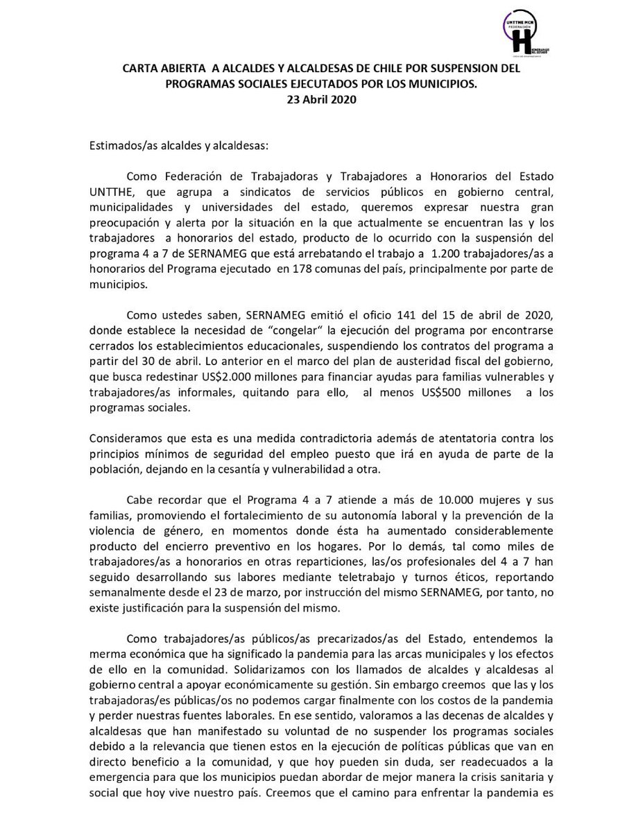 coordinadora4a7's tweet photo. 🚨🚨🔴🔴DIFUSIÓN MÁXIMA 🚨🚨🔴🔴.                               CARTA ABIERTA A ALCALDES Y ALCALDESAS DE CHILE POR SUSPENSION DE PROGRAMAS SOCIALES EJECUTADOS POR LOS MUNICIPIOS

23 Abril 2020 https://t.co/dLm81p9jbB