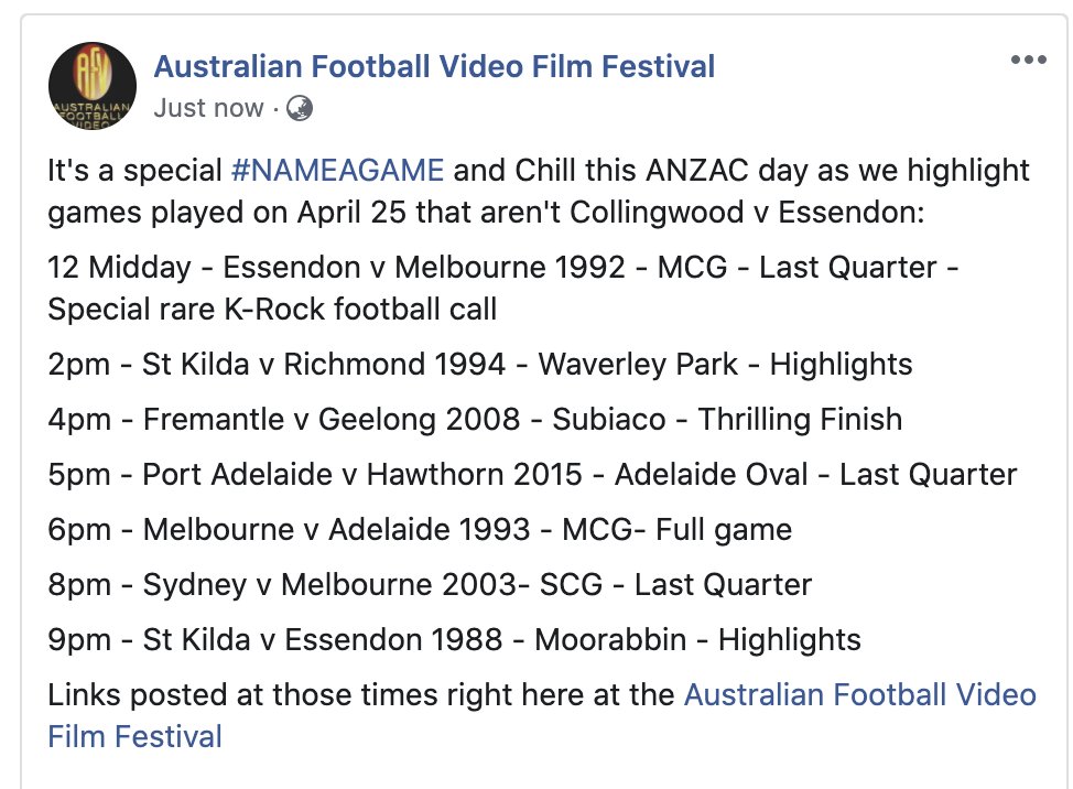 AFVFilmFestival's tweet photo. We're doing everything but Collingwood v Essendon tomorrow for #NAMEAGAME and chill https://t.co/2FQOY6EJ2V