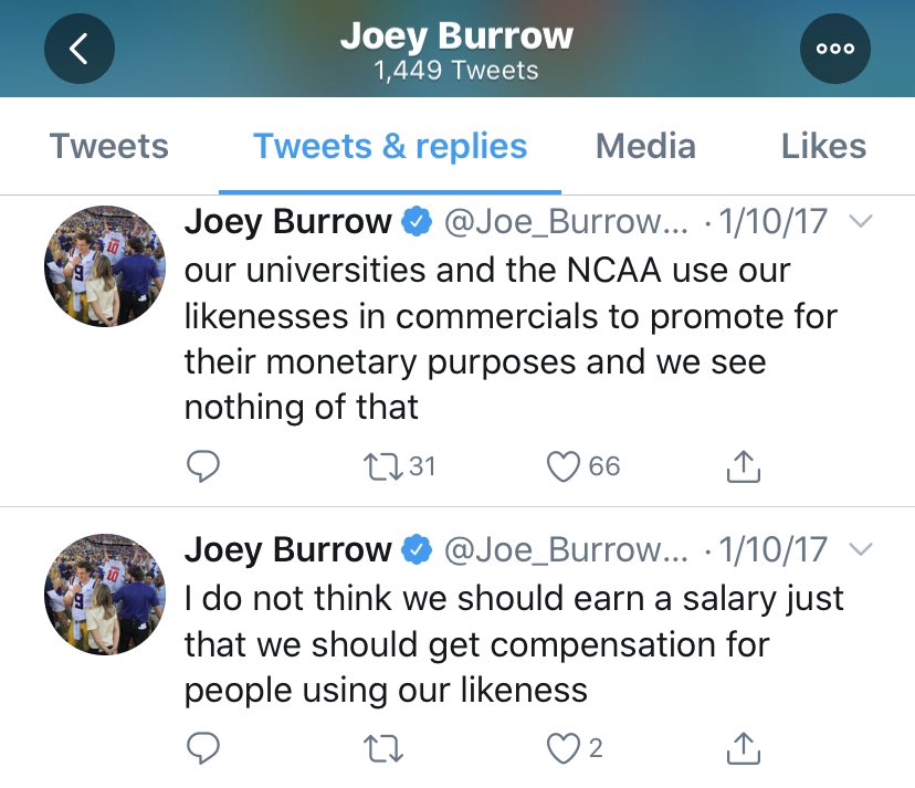 Joe Burrow tweeted NCAA criticisms and strongly believes NCAA athletes should be able to make money off their own likenesses.