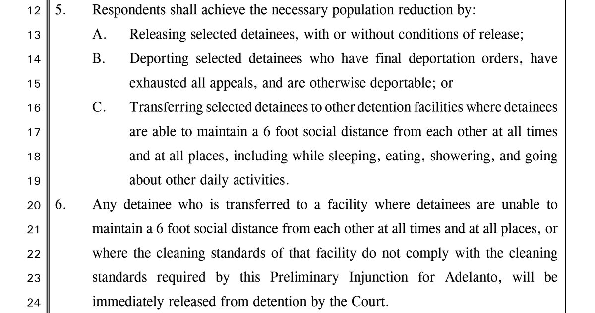 ACLU_SoCal's tweet photo. VICTORY! We sued ICE to decrease the number of people held at #Adelanto detention center. Today, the court ordered:

• Adelanto not accept any new detainees
• ICE to release 100 people by April 27, 50 by April 30
• Release enough people so 6ft physical distancing is possible https://t.co/yWsfQzYsMd
