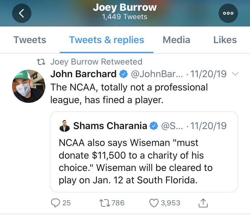 Joe Burrow has retweeted other criticism of the NCAA’s exploitation of athlete labor.