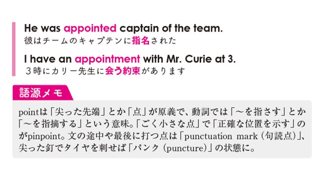 ハイブリッド型総合書店 Honto 今日は語根 Point Punct 指す 点 を使った単語を紹介 Appoint 動 指名する 任命する 指定する 語源 A P の方へ Point 指す の方に指さす ほかにも Point Punct 指す 点 を使った単語も