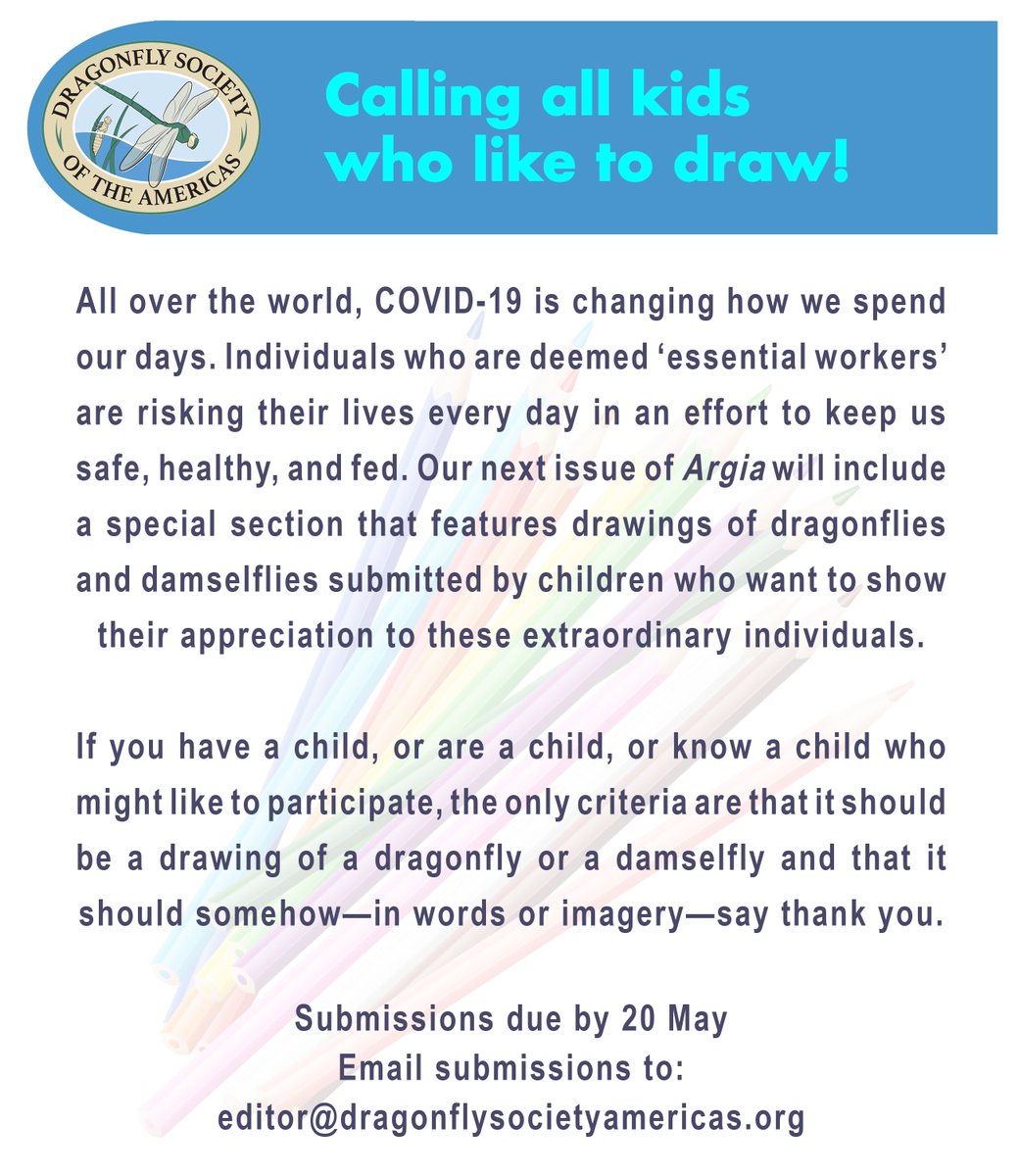 OdonataAmericas's tweet photo. Seeking dragonfly and damselfly drawings done by children for use in our next issue of #Argia. Please send images to editor@dragonflysocietyamericas.org by May 20th. #dragonfly #Covid_19 #kidsart #kidsathome https://t.co/aRn0aVtFyq